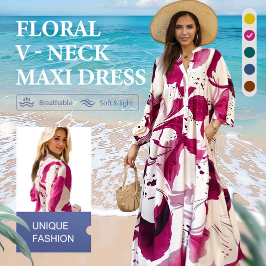 Robe longue à col en V et à motif floral pour femmes