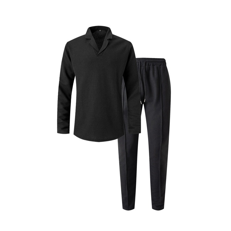 🎊Élégant ensemble pour homme en coton, composé d'une chemise à col et d'un pantalon à cordon