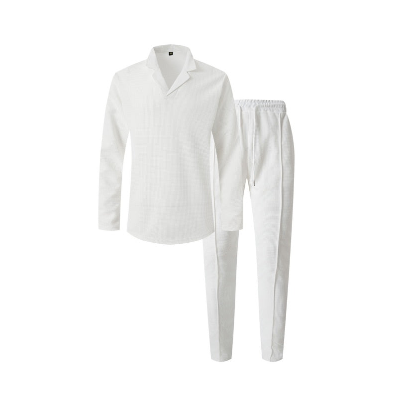 🎊Élégant ensemble pour homme en coton, composé d'une chemise à col et d'un pantalon à cordon