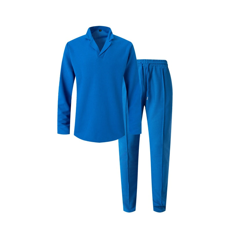 🎊Élégant ensemble pour homme en coton, composé d'une chemise à col et d'un pantalon à cordon