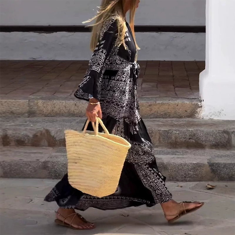 💃🌺Robe décontractée, imprimée et fluide pour femmes, avec encolure en V