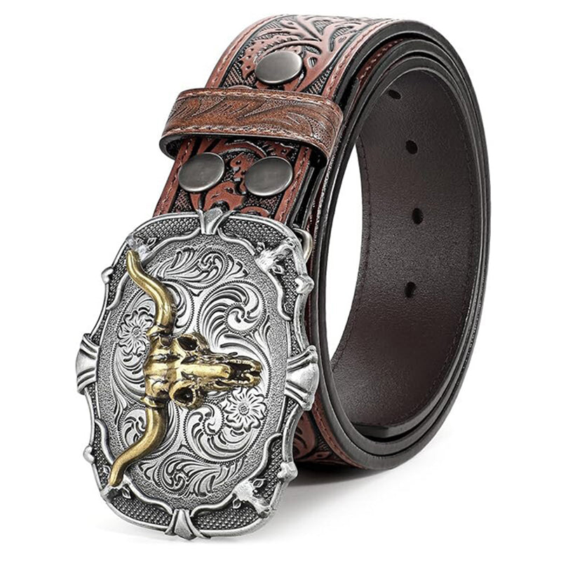 ♉Ceinture en cuir embossé tête de taureau rétro pour homme