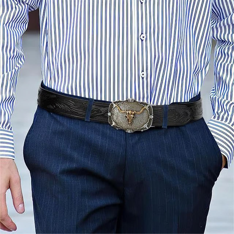 ♉Ceinture en cuir embossé tête de taureau rétro pour homme