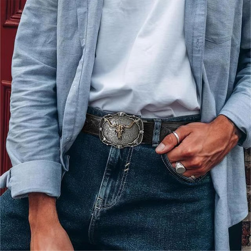 ♉Ceinture en cuir embossé tête de taureau rétro pour homme