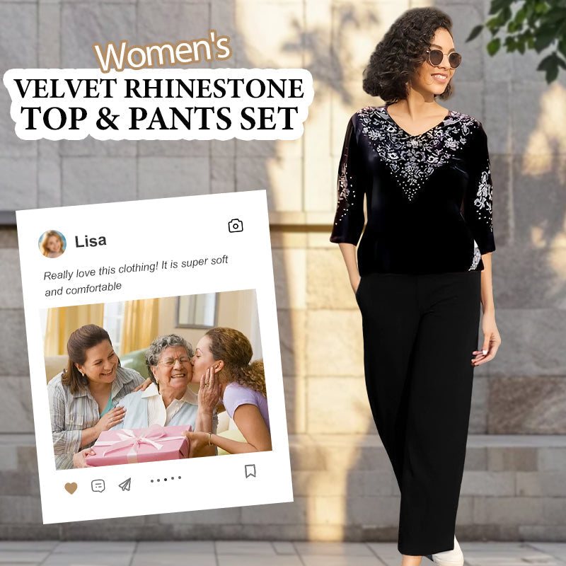 💃Nouveau design 2026🔥Ensemble top et pantalon en velours avec strass pour femme