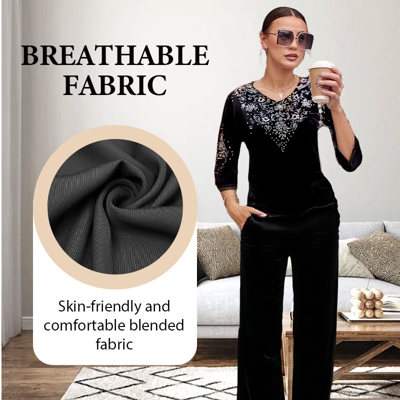 💃Nouveau design 2026🔥Ensemble top et pantalon en velours avec strass pour femme