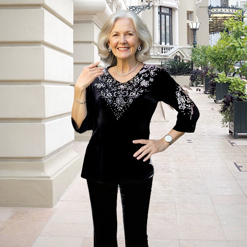 💃Nouveau design 2026🔥Ensemble top et pantalon en velours avec strass pour femme