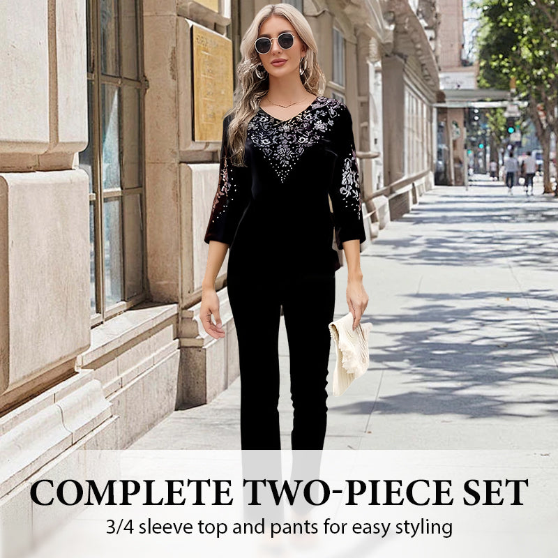💃Nouveau design 2026🔥Ensemble top et pantalon en velours avec strass pour femme