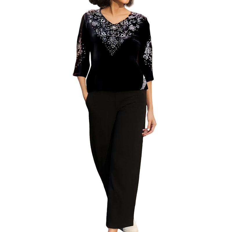 💃Nouveau design 2026🔥Ensemble top et pantalon en velours avec strass pour femme