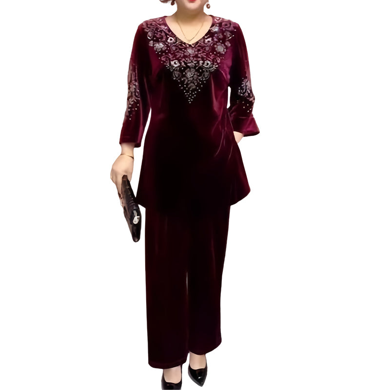 💃Nouveau design 2026🔥Ensemble top et pantalon en velours avec strass pour femme