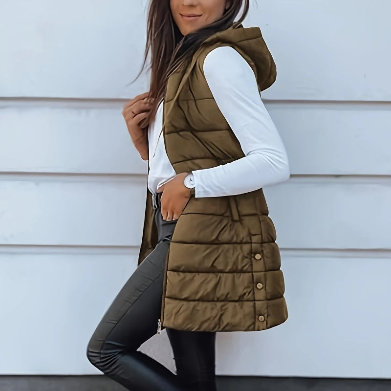 🔥SOLDES 50 % DE RÉDUCTION🎁Doudoune longue zippée pour femme👗 | Couleur unie | Sans manches | À capuche | Vêtements d'hiver 💕