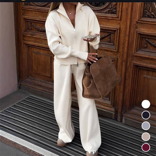 💥Nouveautés : 50 % de réduction - Ensemble femme composé d'un haut ajusté à fermeture éclair et d'un pantalon large en maille