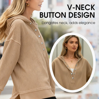 👚🌾 Sweat capuche femme col V – Boutons réglables, silhouette flatteuse, idéal à porter seul ou superposé pour un look effortless 🍂🕊️