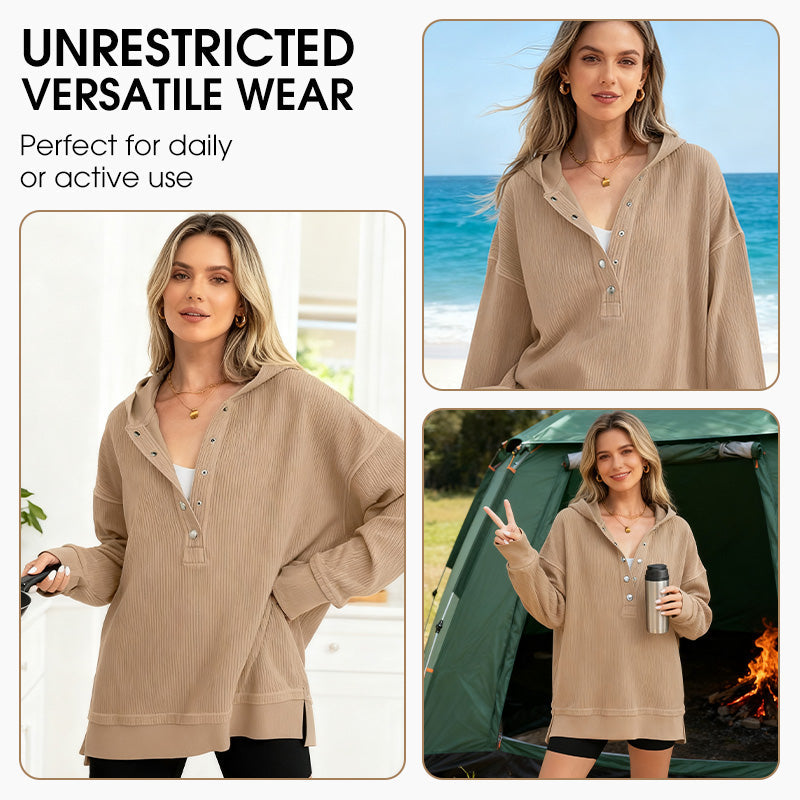 👚🌾 Sweat capuche femme col V – Boutons réglables, silhouette flatteuse, idéal à porter seul ou superposé pour un look effortless 🍂🕊️