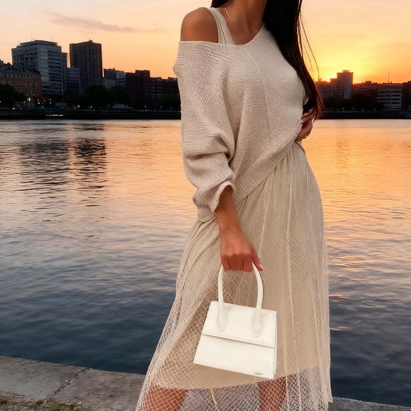 Ensemble élégant composé d'un pull en maille et d'une jupe en tulle