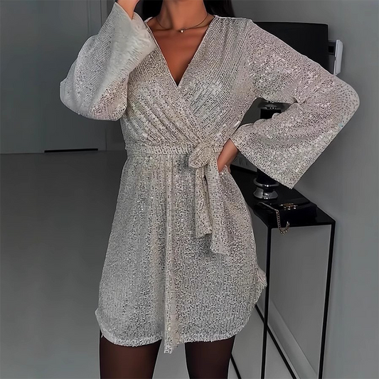 🔥Offre à durée limitée - Robe longue à manches longues et col en V scintillant pour femme, avec ceinture à nouer à la taille