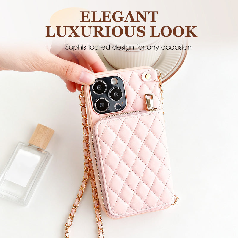 Étui pour téléphone chic avec fermeture éclair et bandoulière à chaîne