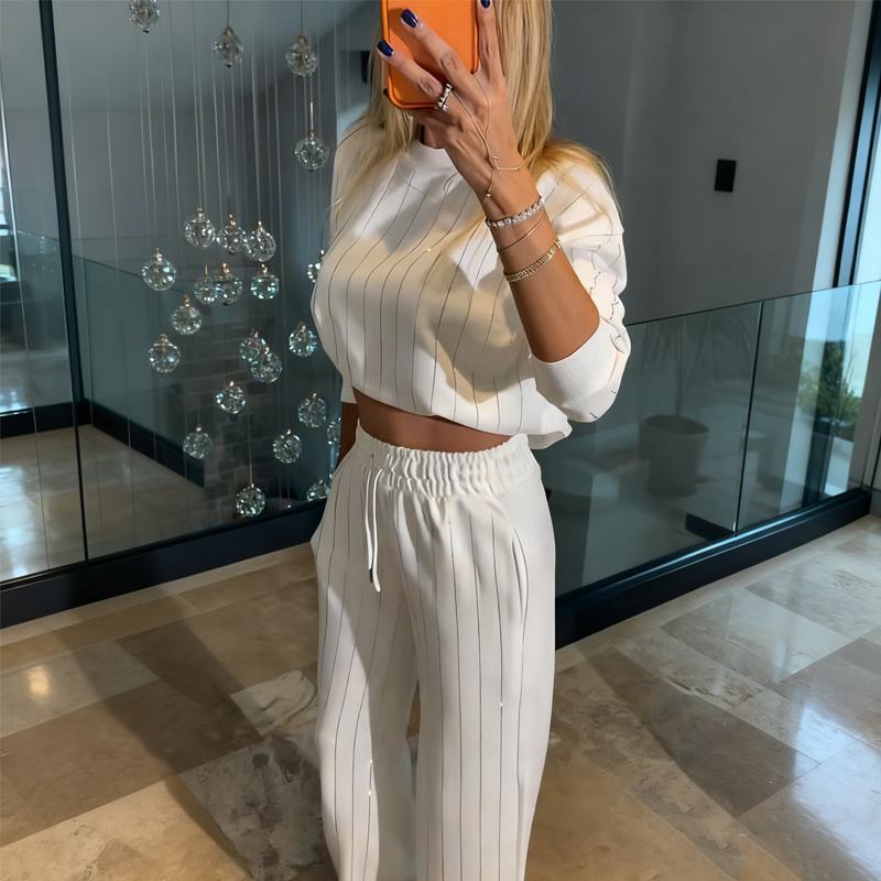 Ensemble 2 pièces pour femme : haut et pantalon à rayures verticales décontractés