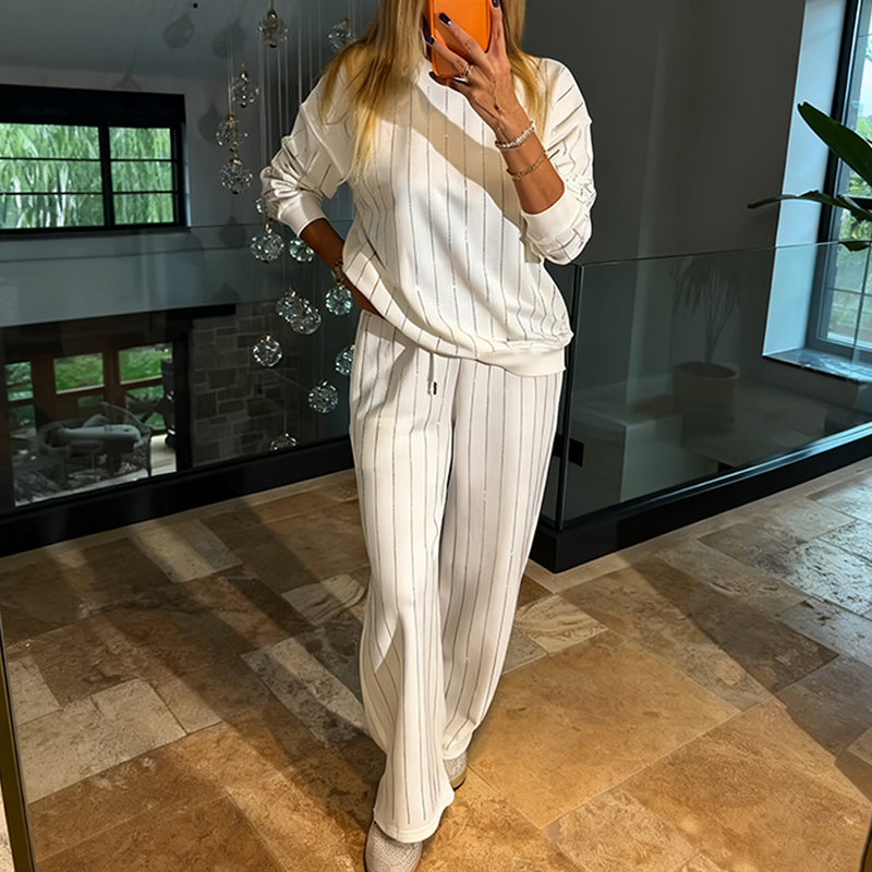 Ensemble 2 pièces pour femme : haut et pantalon à rayures verticales décontractés