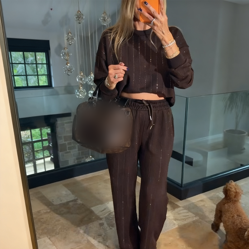 Ensemble 2 pièces pour femme : haut et pantalon à rayures verticales décontractés