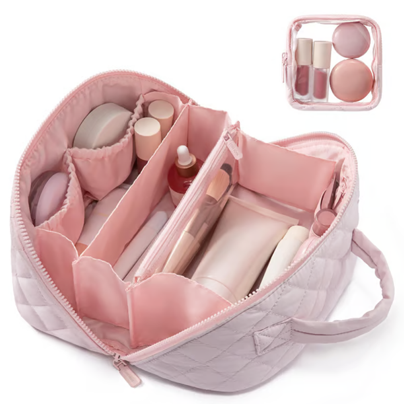 🔥 50% DE RÉDUCTION ! ✨ Trousse de Maquillage Grande Capacité - Pochette Amovible, Design Matelassé Élégant, Idéale pour Voyage 💄🧳