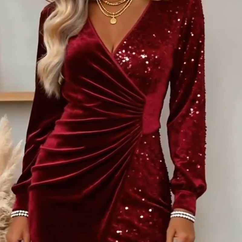Robe à manches longues et col en V à paillettes pour femme