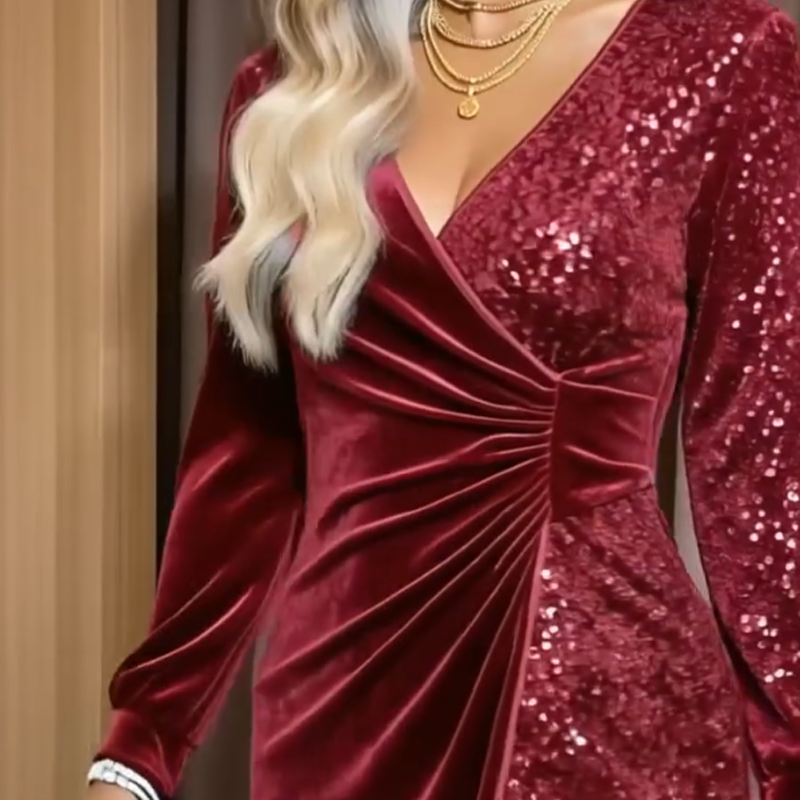 Robe à manches longues et col en V à paillettes pour femme