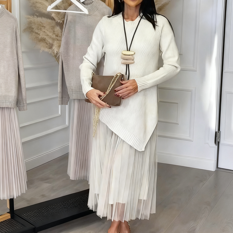 Ensemble 2 pièces pour femme : pull asymétrique et robe midi plissée à bretelles