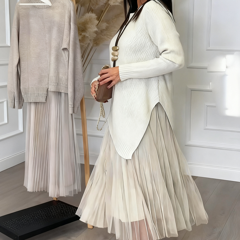 Ensemble 2 pièces pour femme : pull asymétrique et robe midi plissée à bretelles