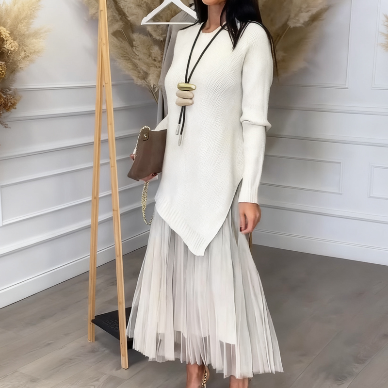 Ensemble 2 pièces pour femme : pull asymétrique et robe midi plissée à bretelles
