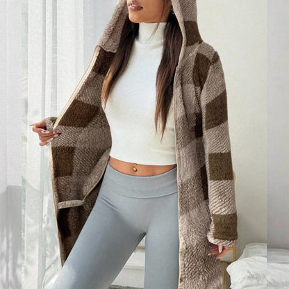 🔥Offres promotionnelles - Veste à capuche à carreaux avec fermeture éclair pour femme