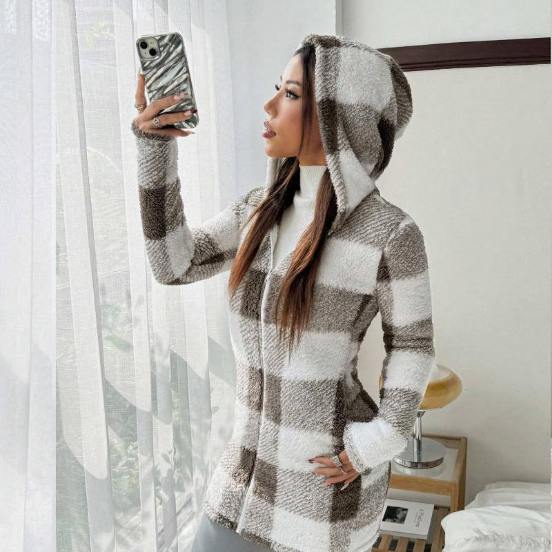 🔥Offres promotionnelles - Veste à capuche à carreaux avec fermeture éclair pour femme