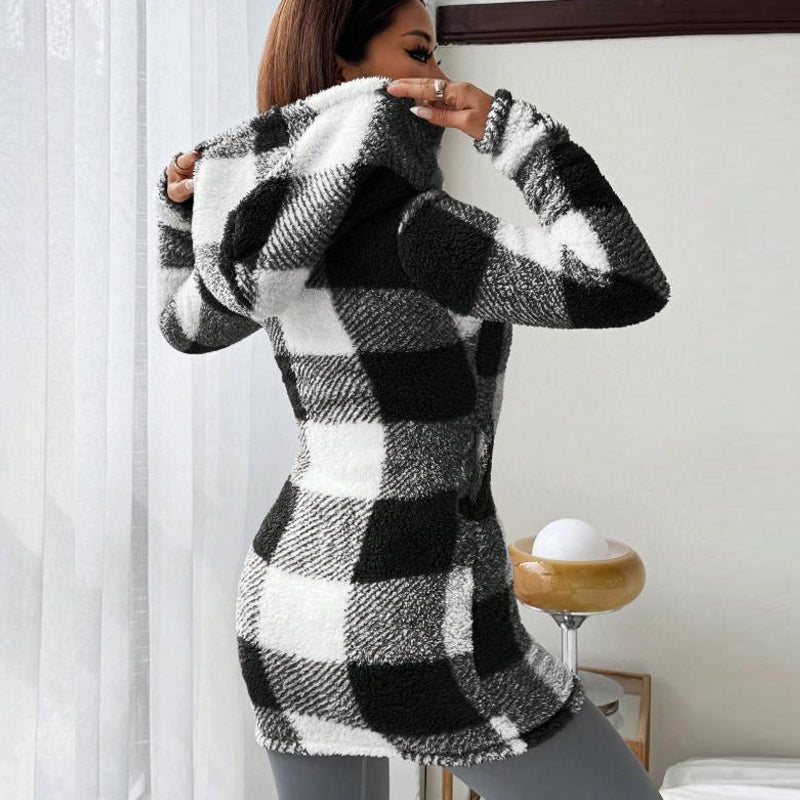 🔥Offres promotionnelles - Veste à capuche à carreaux avec fermeture éclair pour femme