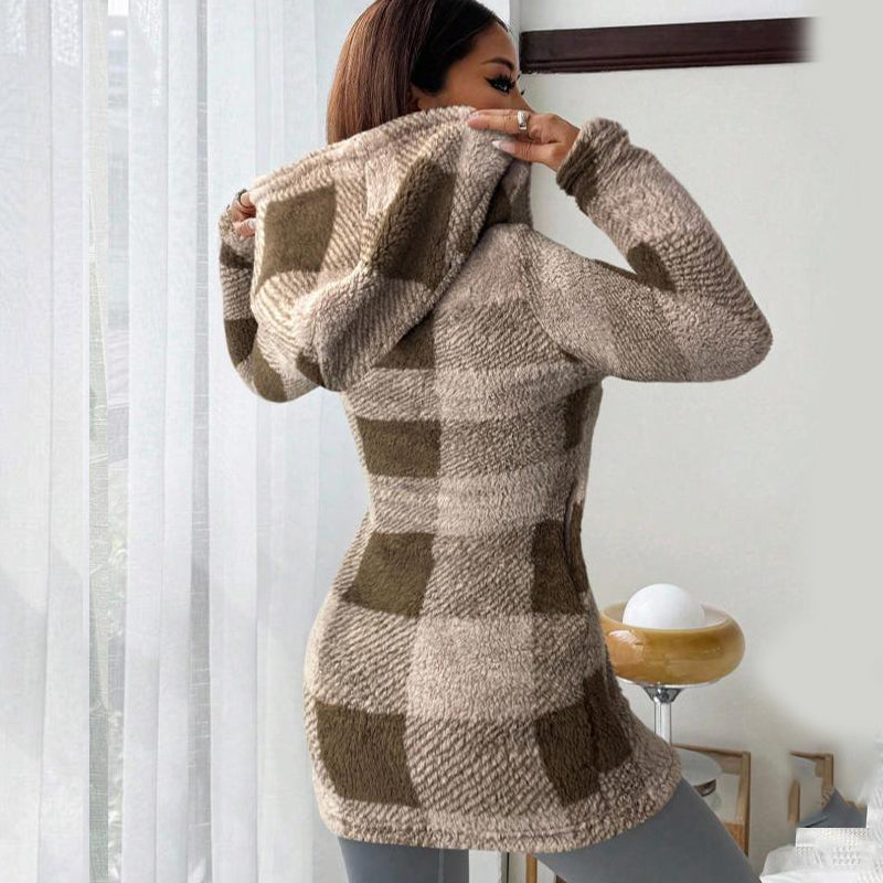 🔥Offres promotionnelles - Veste à capuche à carreaux avec fermeture éclair pour femme