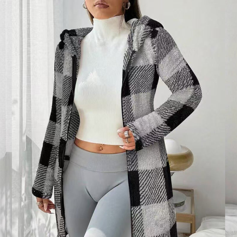 🔥Offres promotionnelles - Veste à capuche à carreaux avec fermeture éclair pour femme
