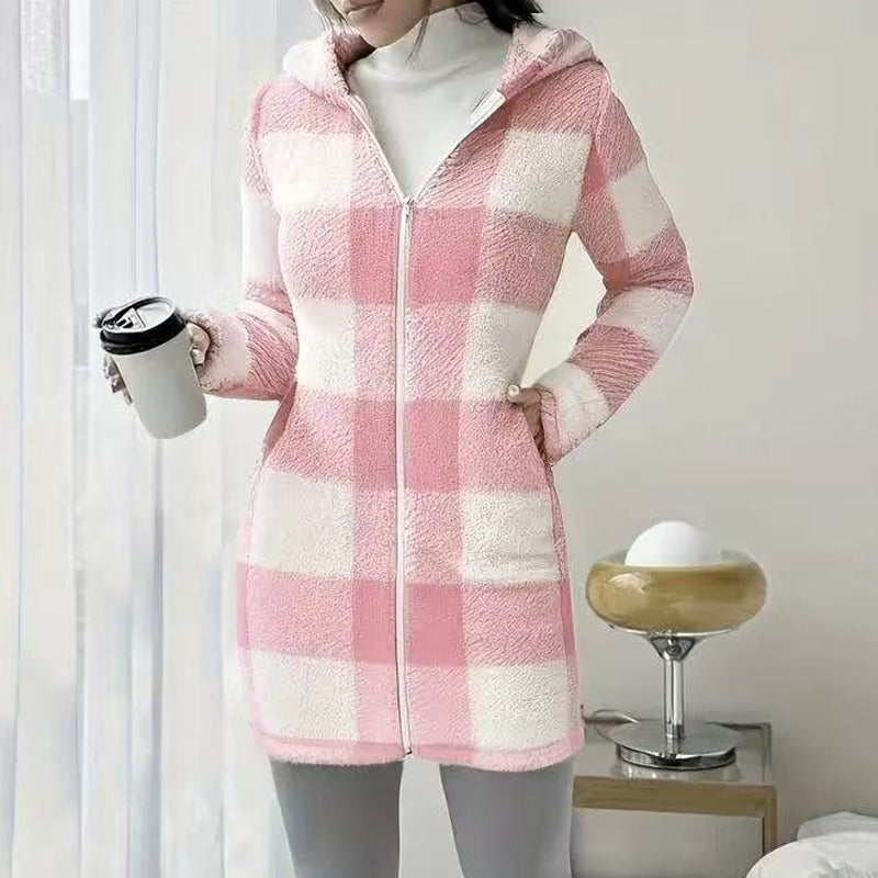🔥Offres promotionnelles - Veste à capuche à carreaux avec fermeture éclair pour femme