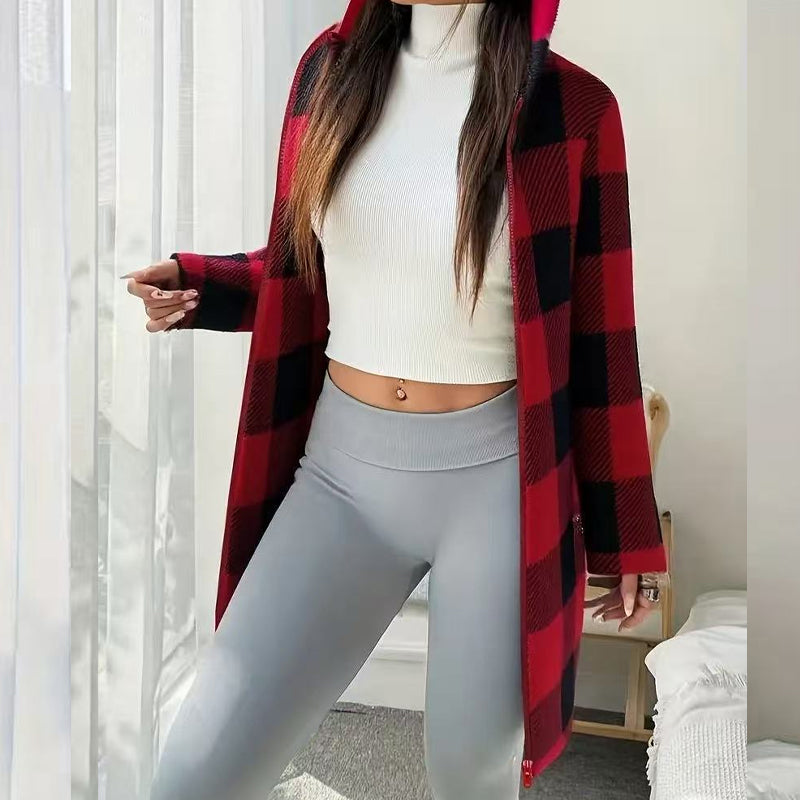 🔥Offres promotionnelles - Veste à capuche à carreaux avec fermeture éclair pour femme