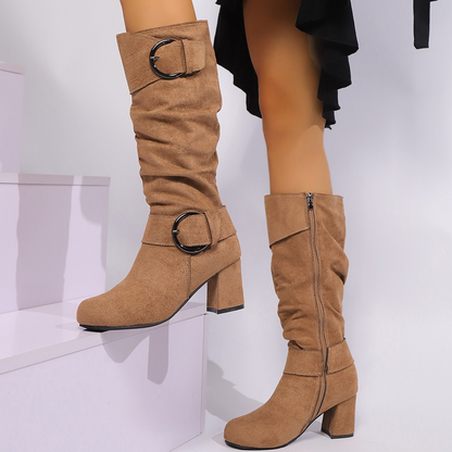 Bottes mi-mollet en daim pour femmes avec boucle décorative