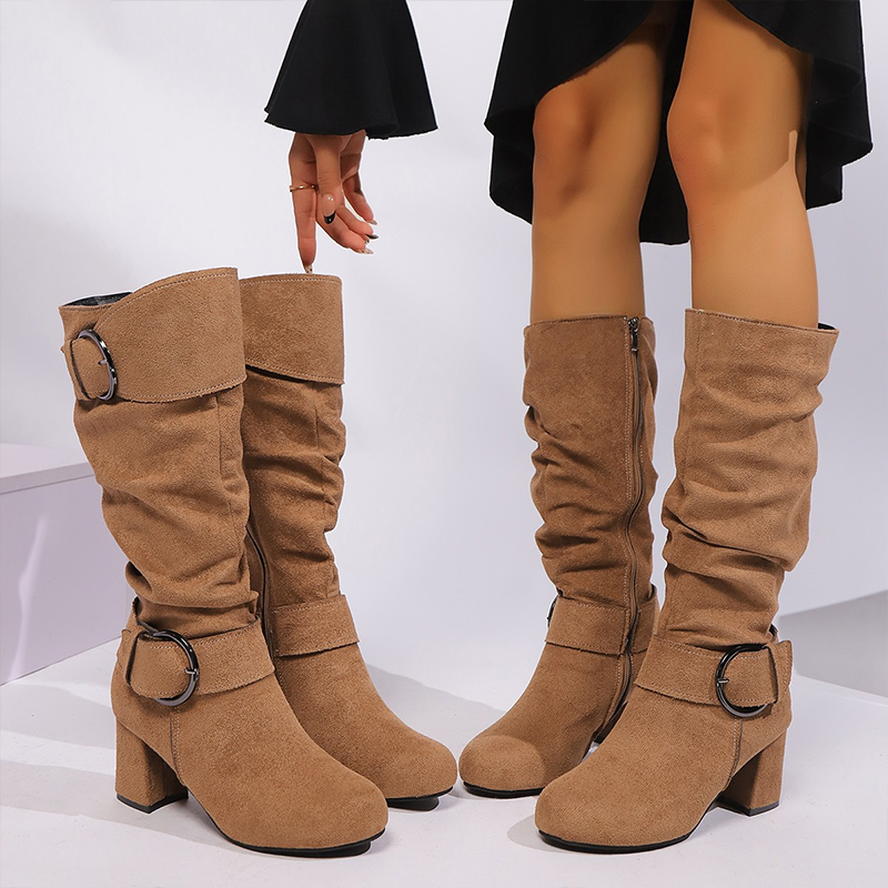 Bottes mi-mollet en daim pour femmes avec boucle décorative