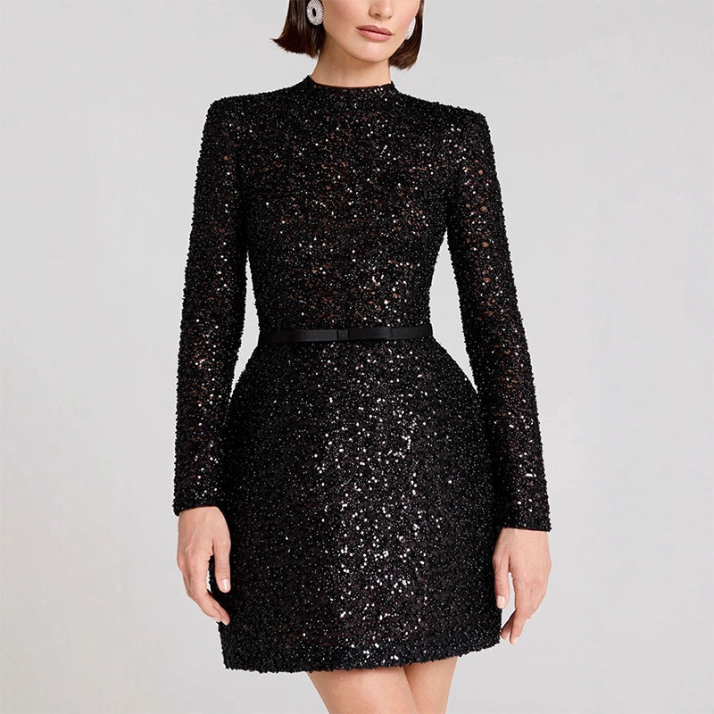 【Édition Prestige】Robe longue à manches longues scintillante avec ceinture pour femme