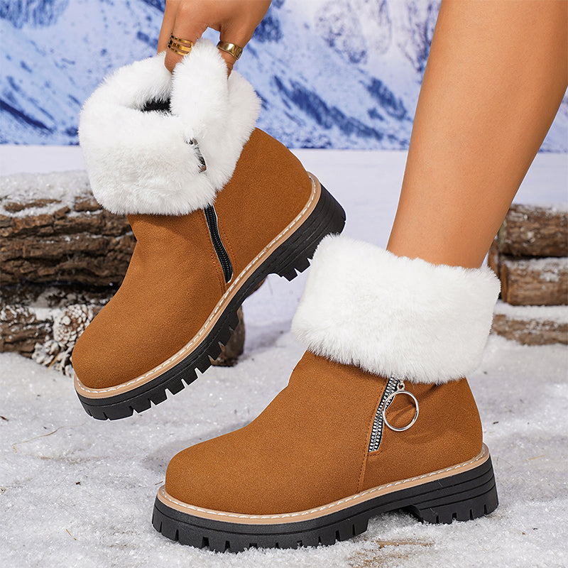 ✨Soldes d'hiver 2025👢Bottes de neige épaisses avec col en fourrure et fermeture éclair pour femmes, longueur cheville