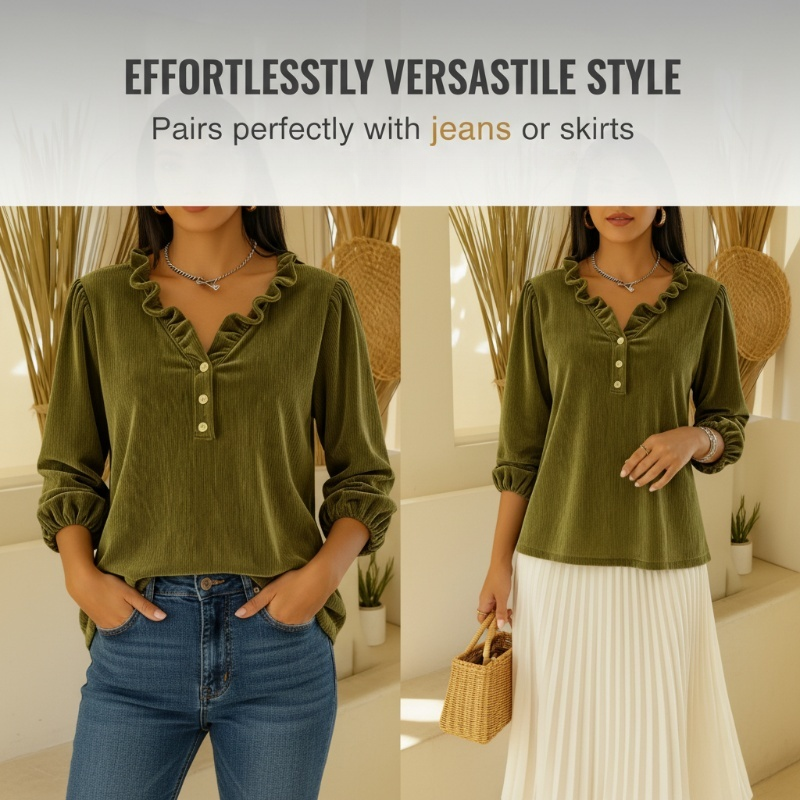 Haut à col en V et manches lanternes pour femme