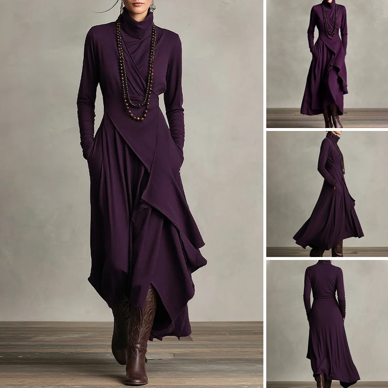 Robe longue asymétrique drapée à col haut élégante pour femme
