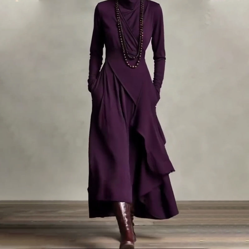 Robe longue asymétrique drapée à col haut élégante pour femme