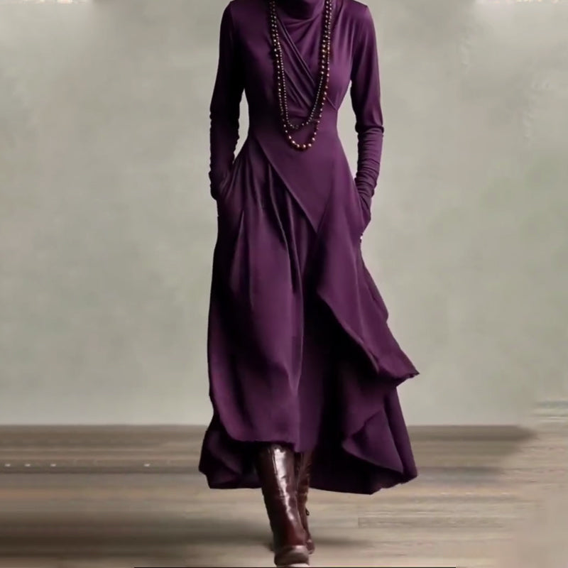 Robe longue asymétrique drapée à col haut élégante pour femme