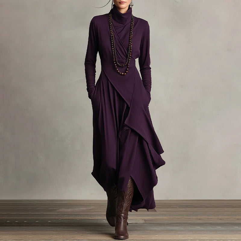 Robe longue asymétrique drapée à col haut élégante pour femme