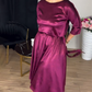 Robe midi en satin à manches 3/4 et col rond pour femme