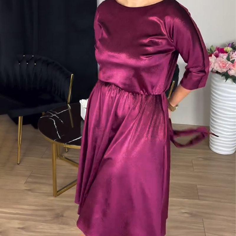 Robe midi en satin à manches 3/4 et col rond pour femme