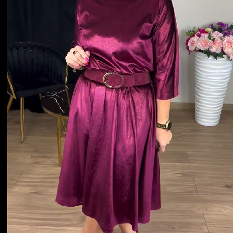 Robe midi en satin à manches 3/4 et col rond pour femme
