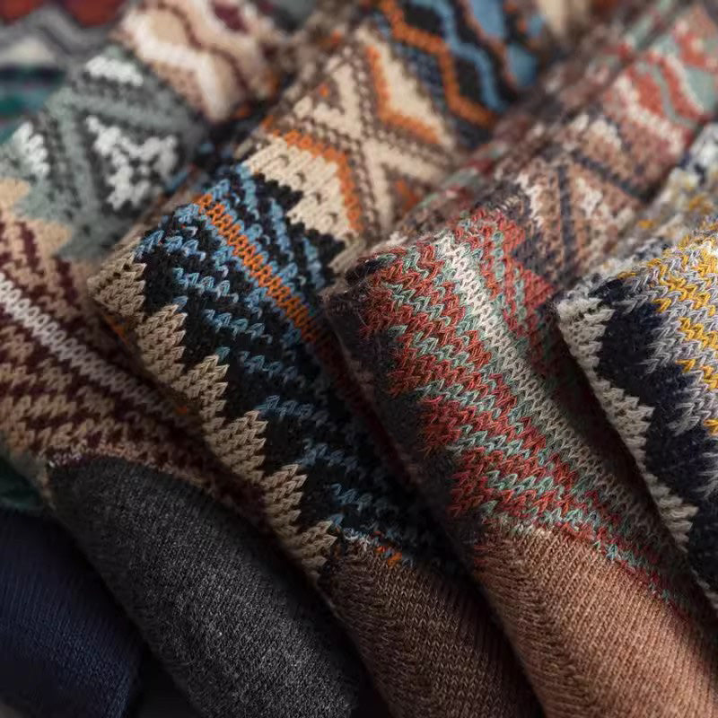 Chaussettes mi-mollet colorées pour l'hiver, chaussettes épaisses en pur coton, chaussettes rétro pour hommes de style ethnique (5 paires, 5 couleurs)